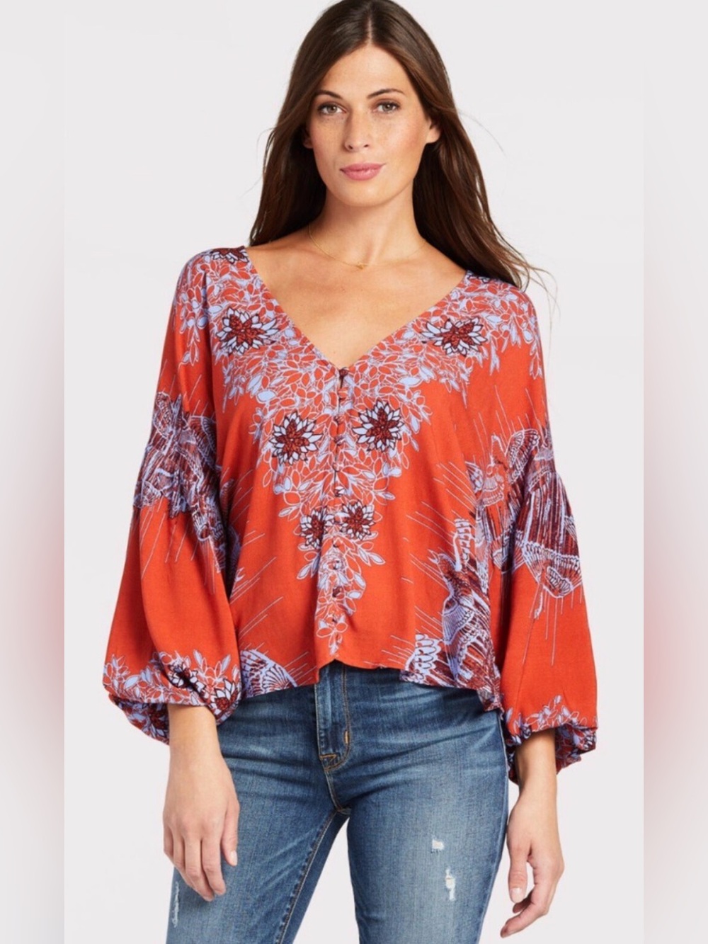 FREE PEOPLE - Birds of a feather blouse 
Orange + blue 
size S/P